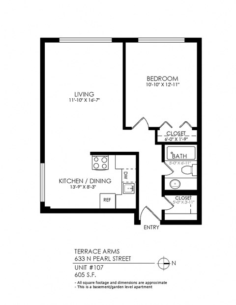 Floor plan for 1 bed, 1 bath, 620 sqft